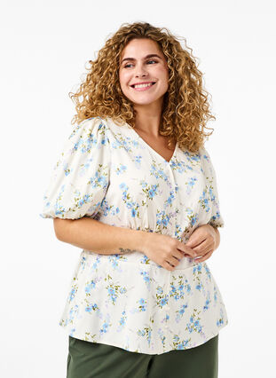 Floral satin blouse with puff sleeves, Off White Blue Fl., Model image number 0