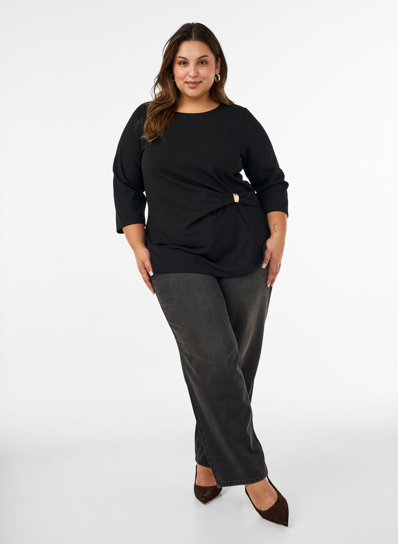 Blouse with asymmetric draping and 3/4 sleeves, Black, Model image number 1