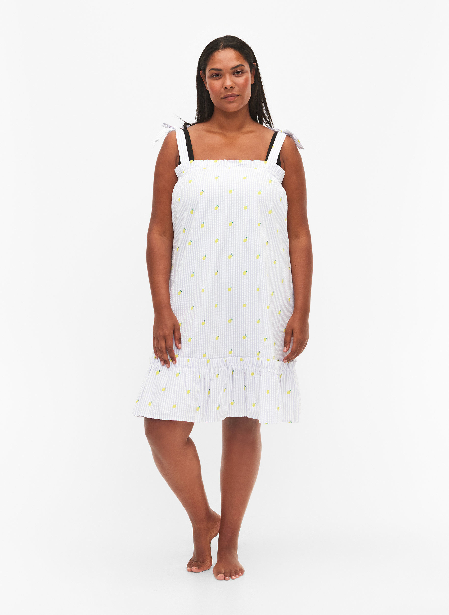 Zizzifashion Beach dress in cotton with tie straps, Lemon Print, Model image number 2