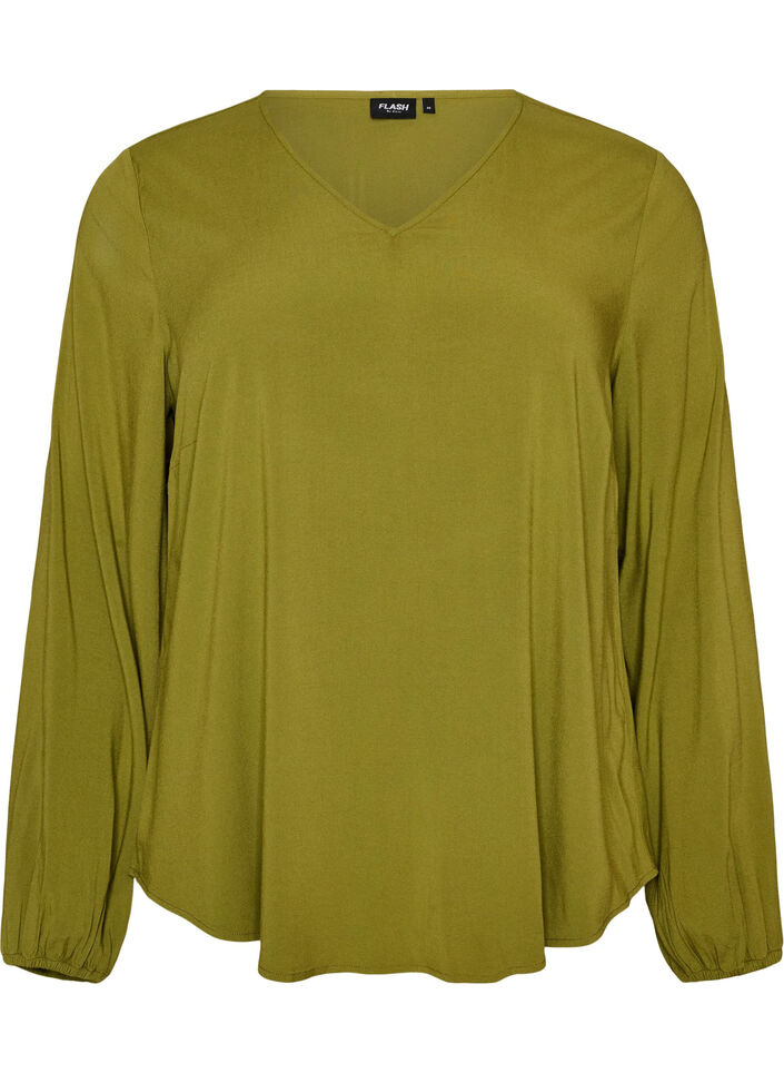 Viscose blouse with a V-neck and long sleeves, Green, Packshot image number 0