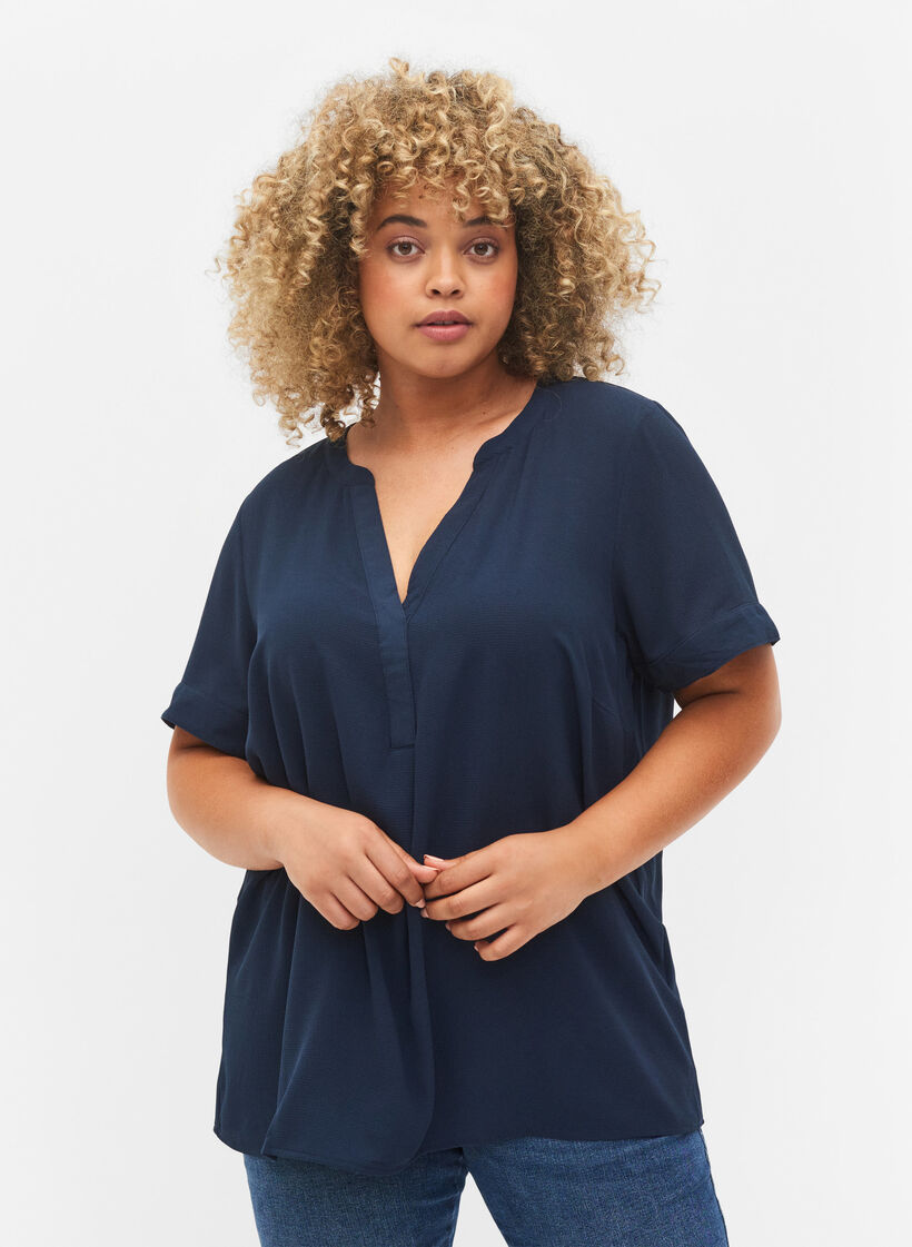 Short-sleeved v-neck blouse, Blue, Model image number 0