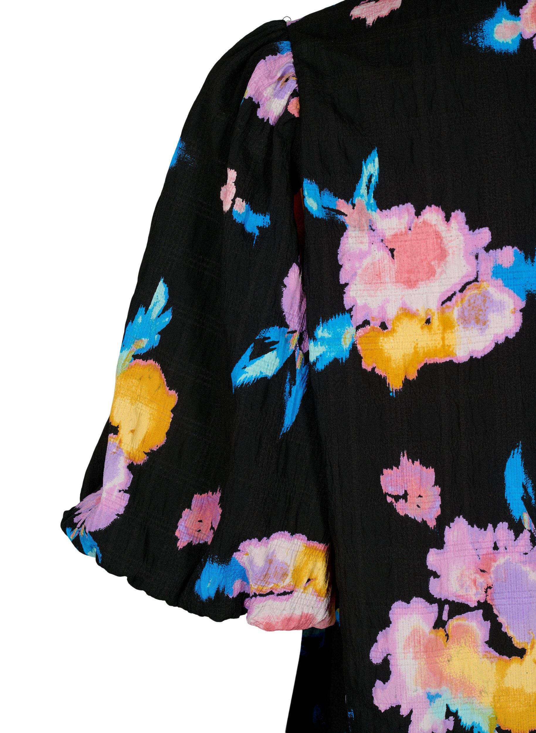 Zizzifashion Dress with short puff sleeves and floral print, Black, Packshot image number 3