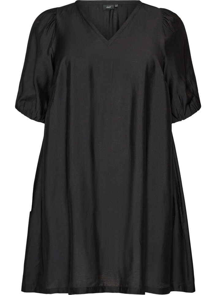 Short A-line dress with V-neck, Black, Packshot image number 0