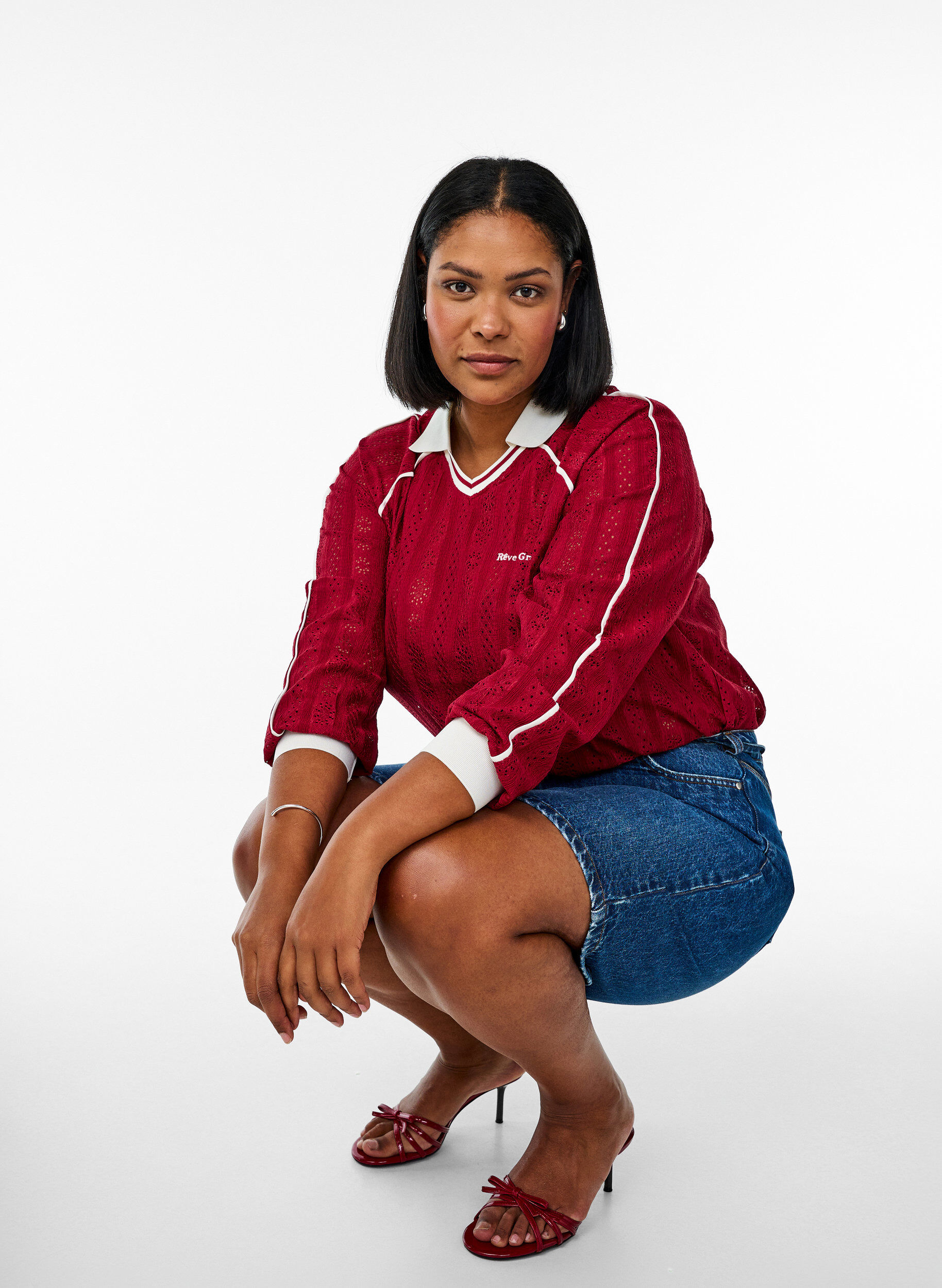 Zizzifashion Textured jersey blouse with contrast details, Red, Model image number 3