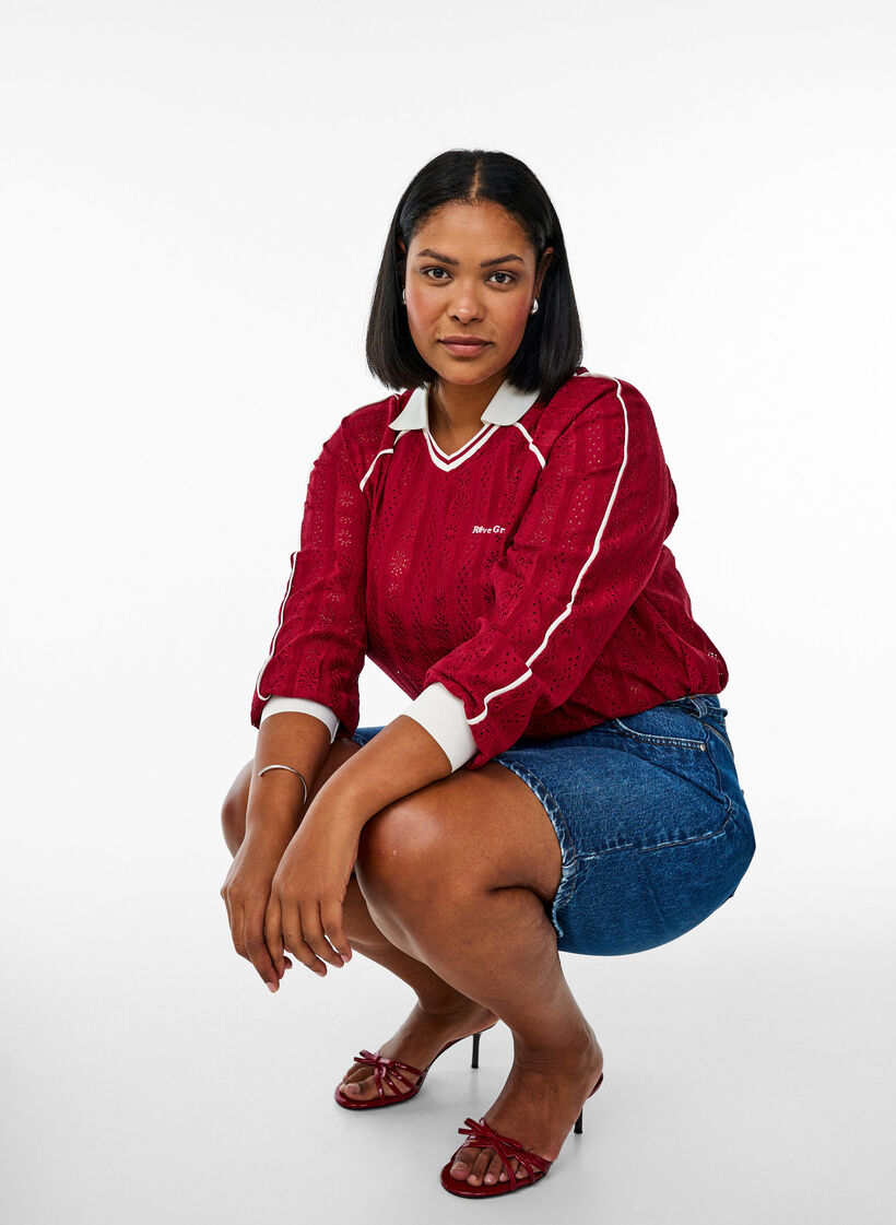 Textured jersey blouse with contrast details, Red, Model image number 3
