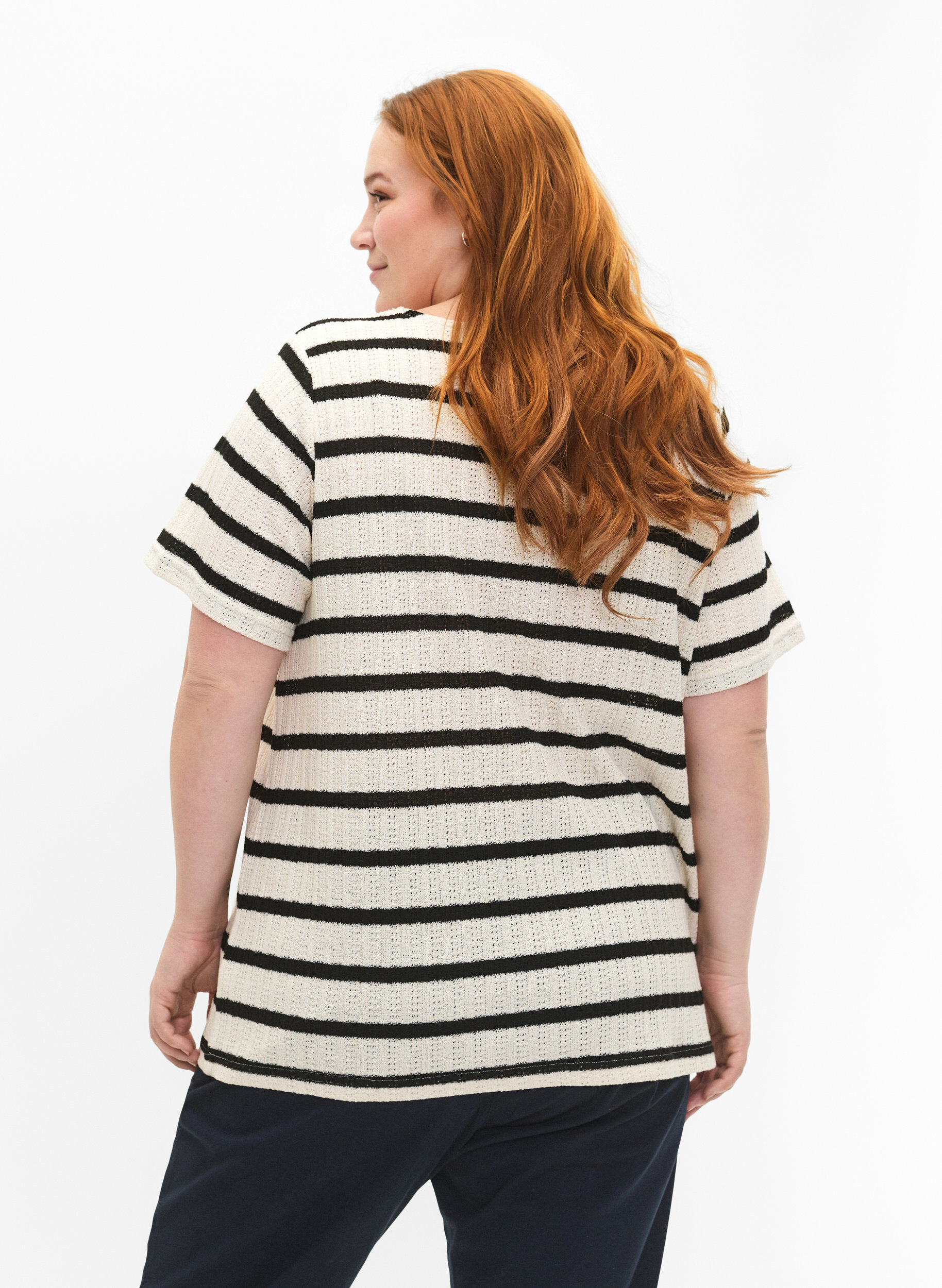 Zizzifashion Short sleeve blouse with contrast-colored stripes, Sand Black Stripe, Model image number 1