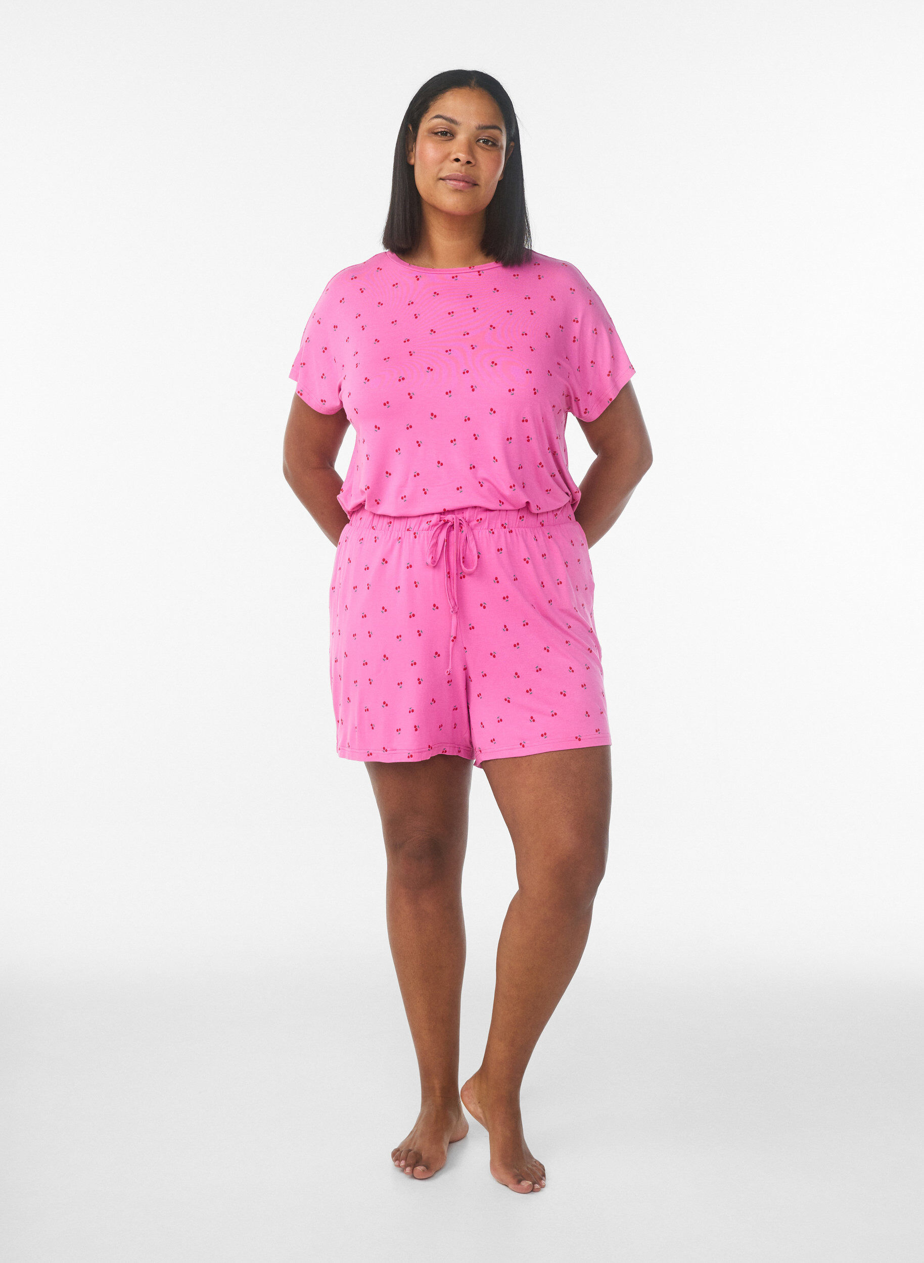 Zizzifashion Pyjama shorts in viscose jersey with an all-over print, Pink, Model image number 1