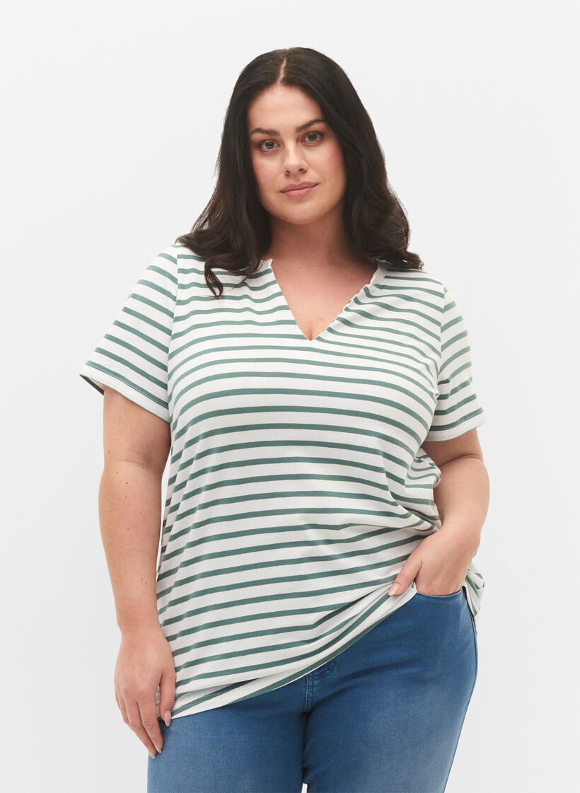Cotton t-shirt with stripes and v-neck, B.White/SeaP.Stripes, Model image number 0