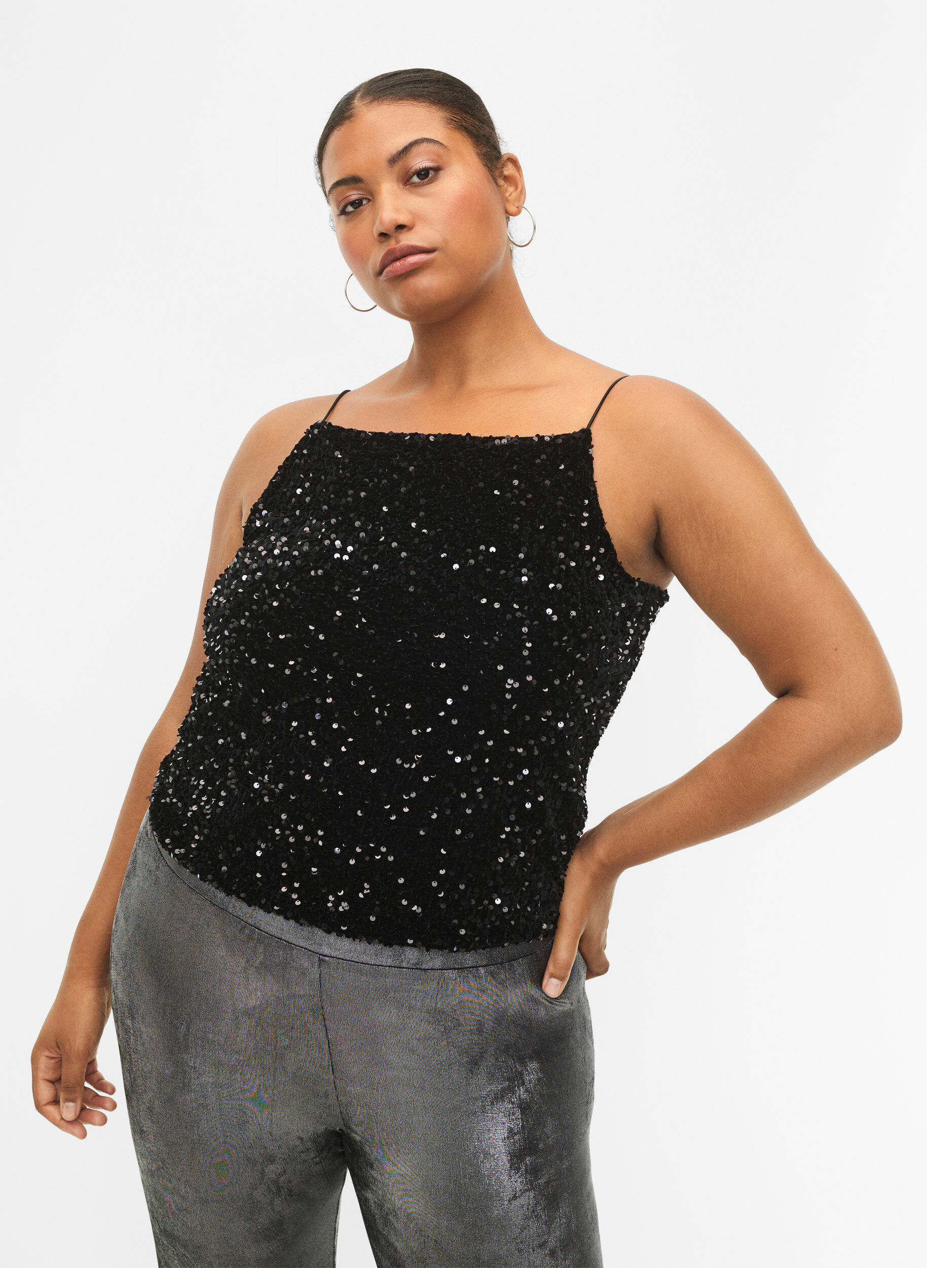 Zizzifashion Top with sequin and narrow straps, Black Sequins, Model image number 0