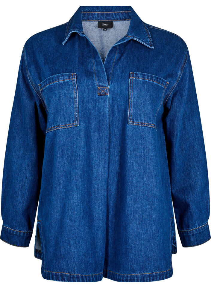 Denim blouse with collar, Unwashed, Packshot image number 0