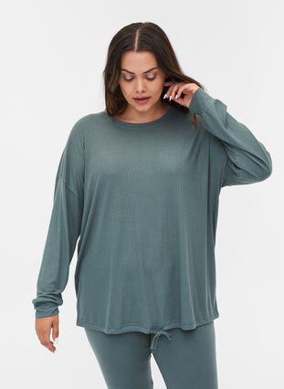 Ribbed fabric blouse with drawstring, Balsam Green, Model image number 0