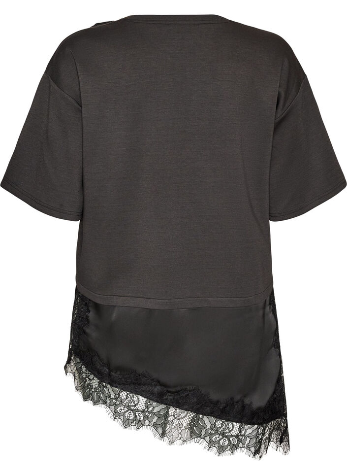 Jersey blouse with a layered look and lace, Black, Packshot image number 1