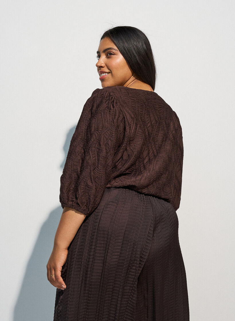 Blouse with texture and 3/4 sleeves, Brown, Model image number 2