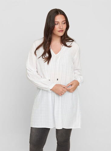 Long-sleeved tunic with tie detail, Bright White, Model image number 0