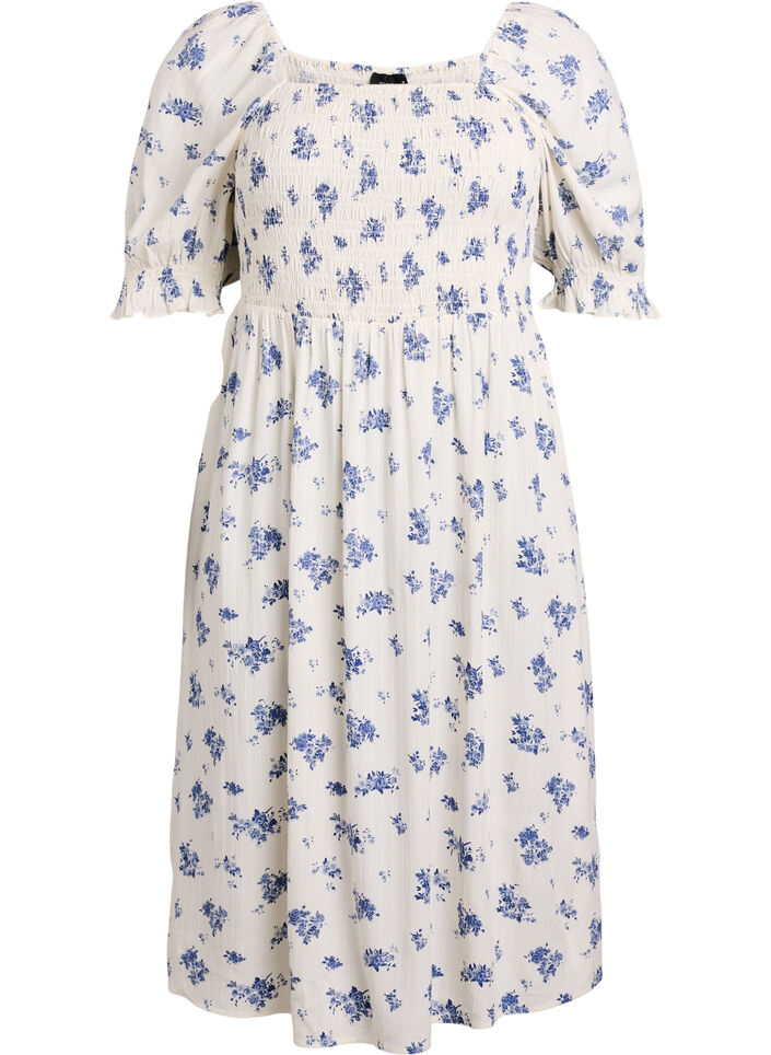 Floral viscose midi dress with smock, White, Packshot image number 0