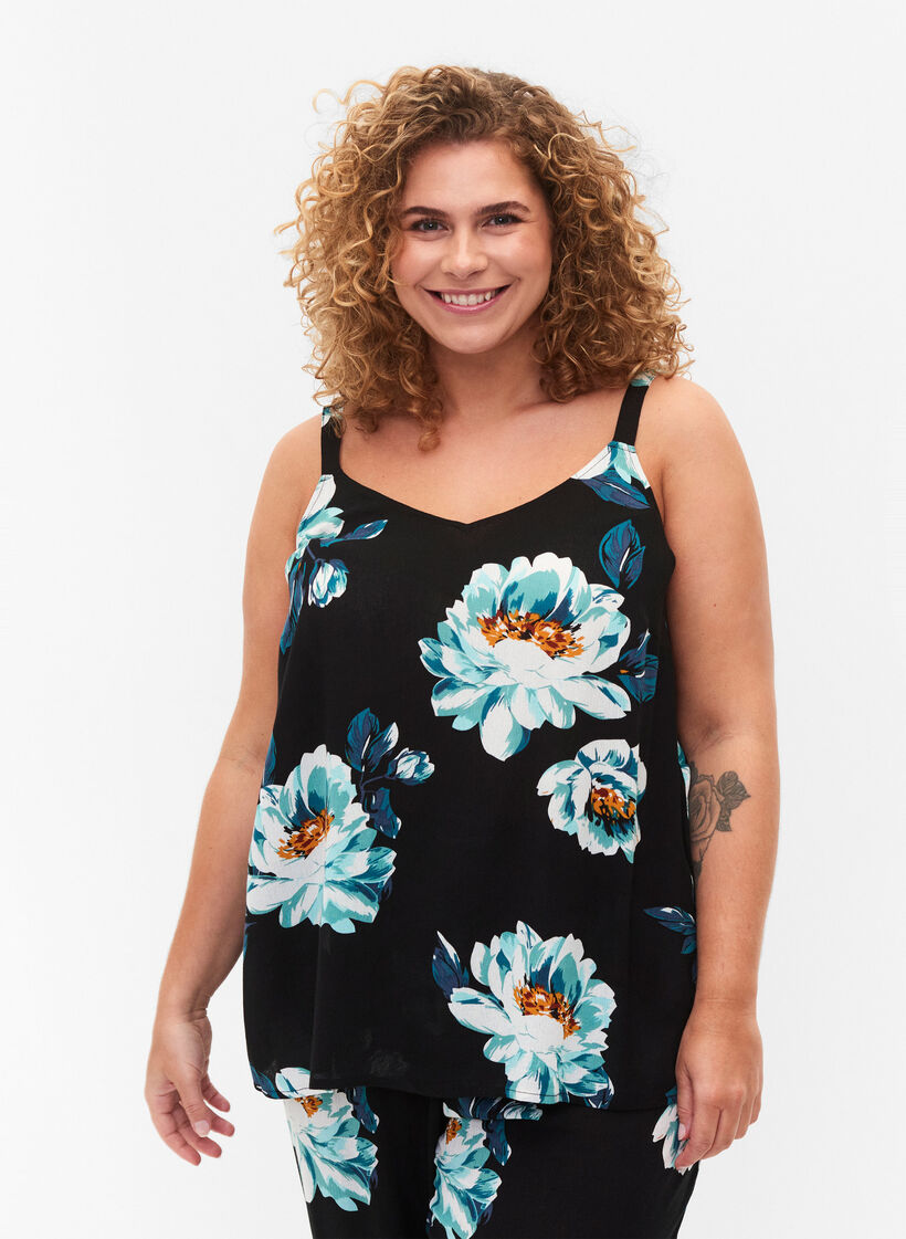 Sleeveless top in viscose, Black Big Flower, Model image number 0