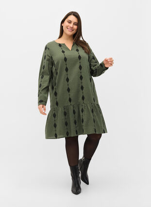 Patterned cotton dress with v-neck and long sleeves, Thyme, Model image number 2