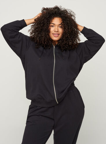 Cotton sweat cardigan with a hood, Black, Model image number 0