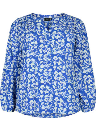 Long-sleeved blouse with floral print and v-neck, Blue White Flower, Packshot image number 0