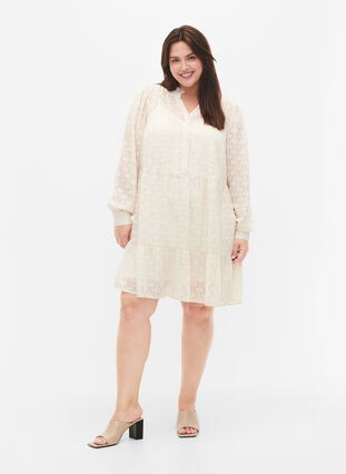 Jacquard dress with ruffle collar, Birch, Model image number 2