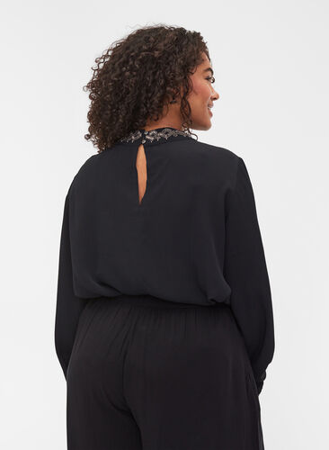 Long-sleeved, beaded viscose blouse, Black, Model image number 1