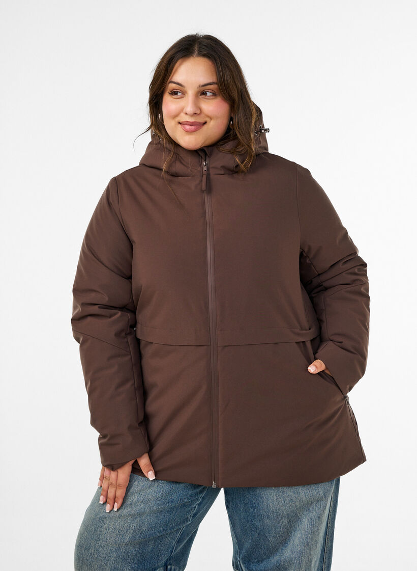 Winter jacket with hood and adjustable waist, Brown, Model image number 0