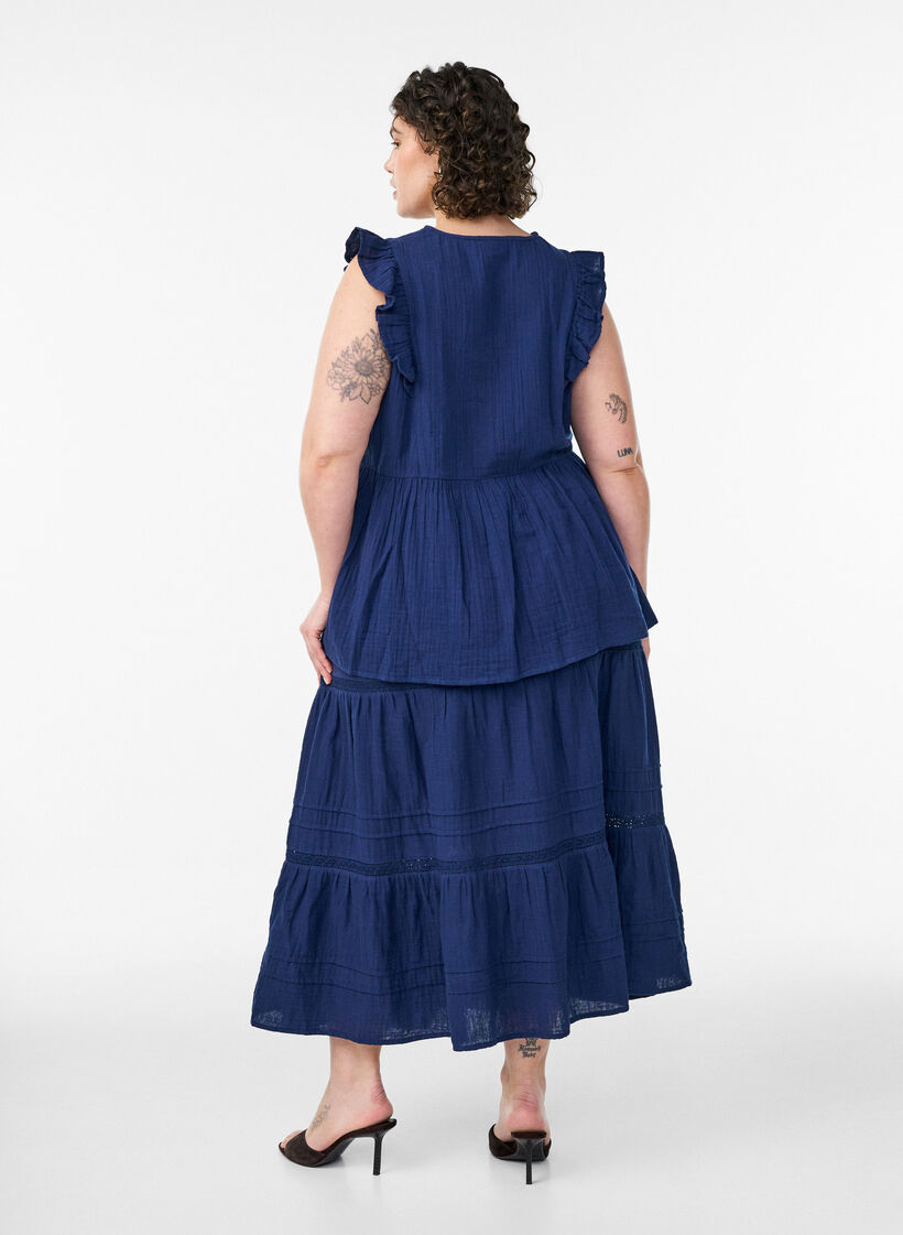 A-line midi skirt in cotton muslin with crochet band, Blue, Model image number 1