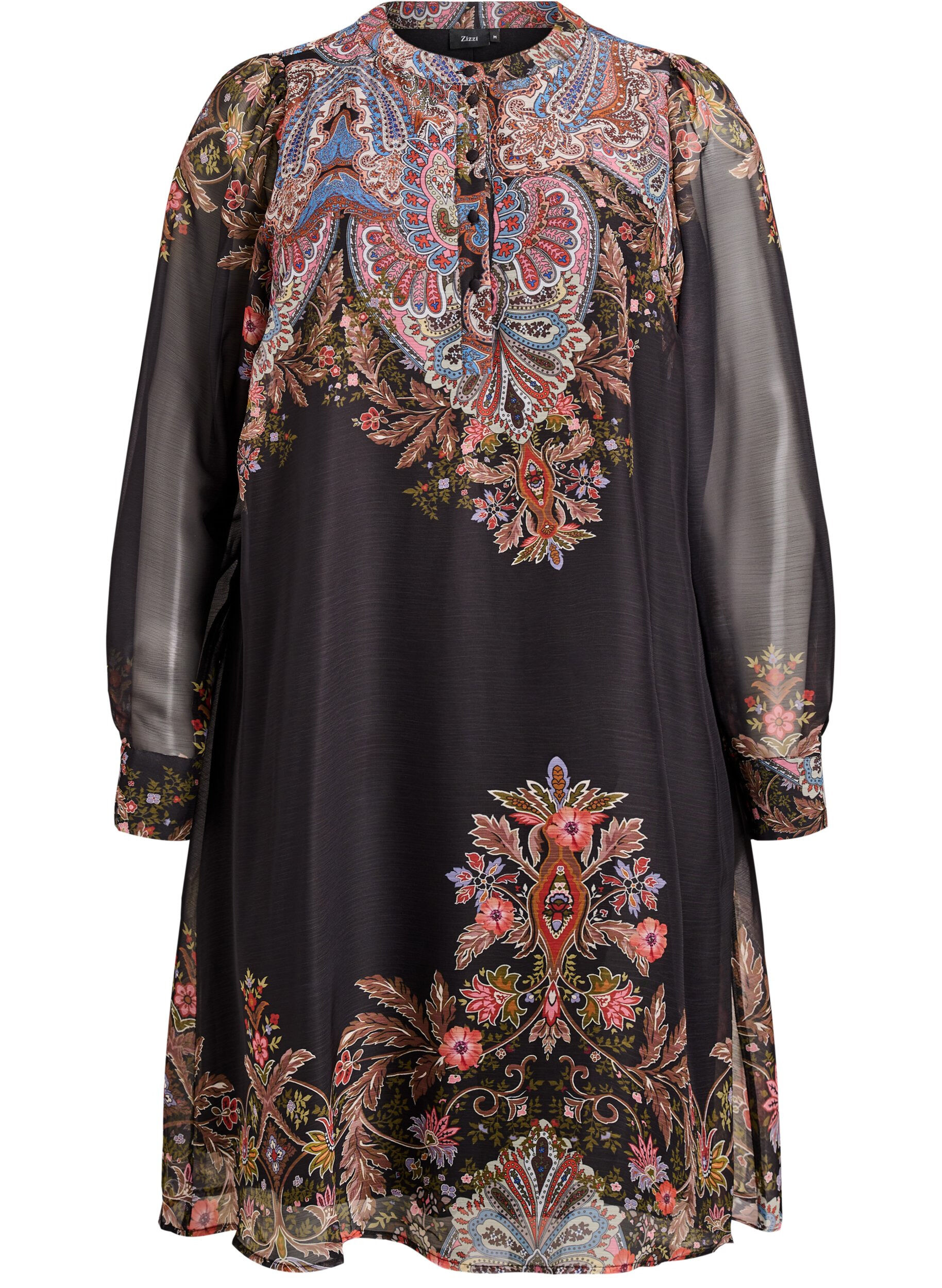 Midi dress with paisley details and long sleeves