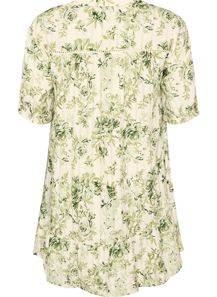 Short viscose dress with lace trim and A-line cut, Green, Packshot image number 1