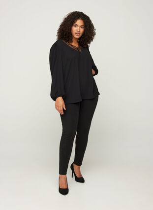 Blouse with a V-neck and lace trim, Black, Model image number 2