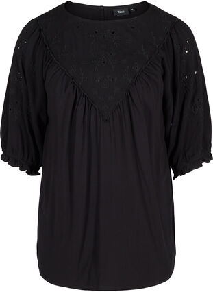 Viscose blouse with embroidery and 2/4-length sleeves, Black, Packshot image number 0