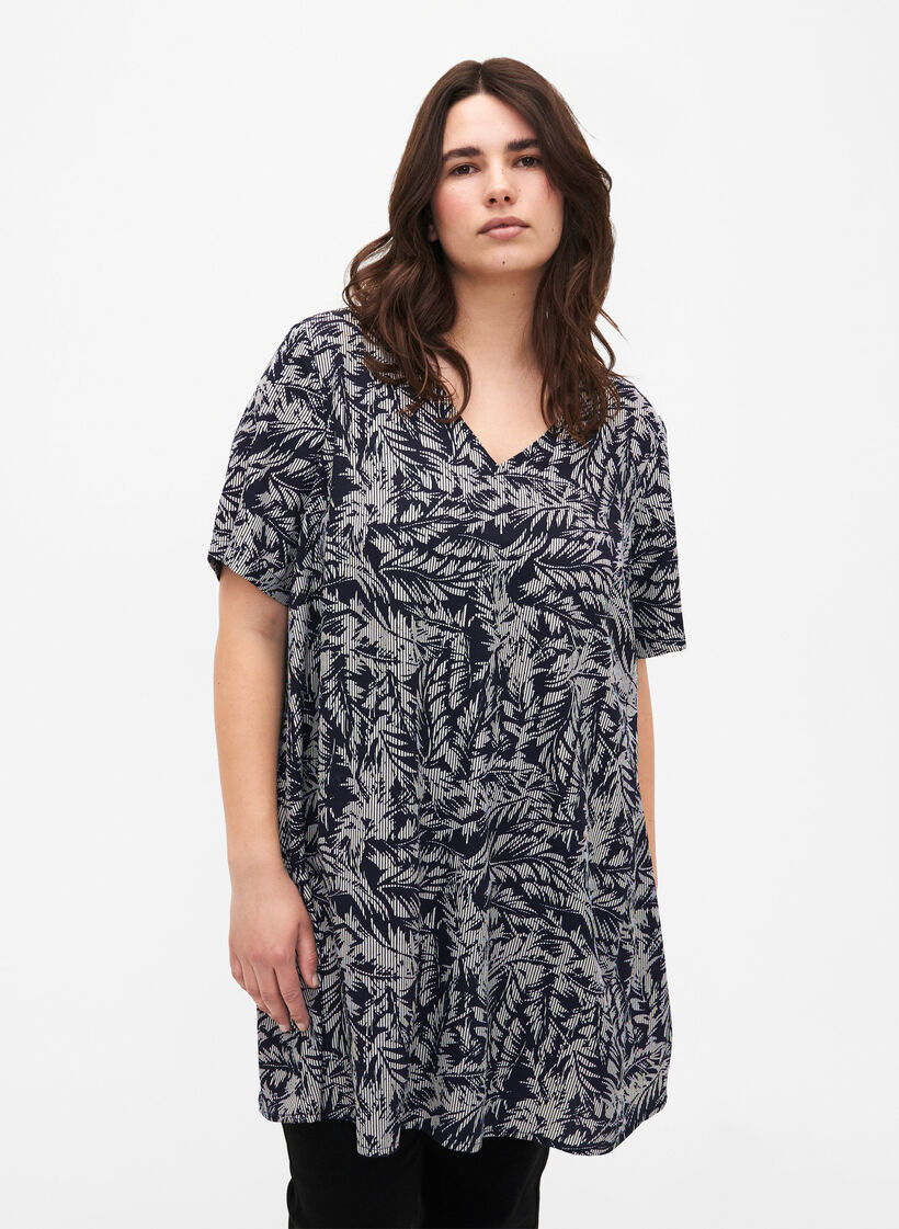 FLASH - Tunic with v neck and print, Off White Blue Leaf, Model image number 0