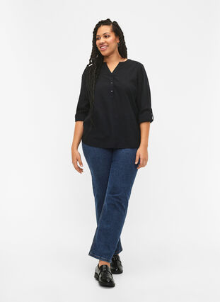 Cotton shirt blouse with v-neck, Black, Model image number 2