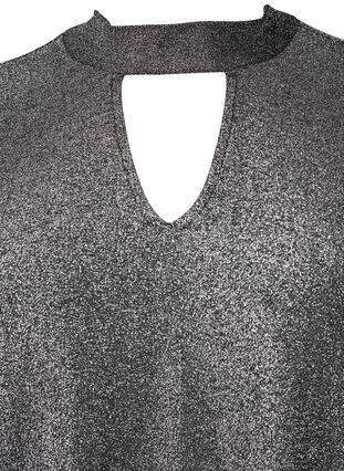 Long-sleeved glitter blouse with round neck and V-detail, Black Silver, Packshot image number 2