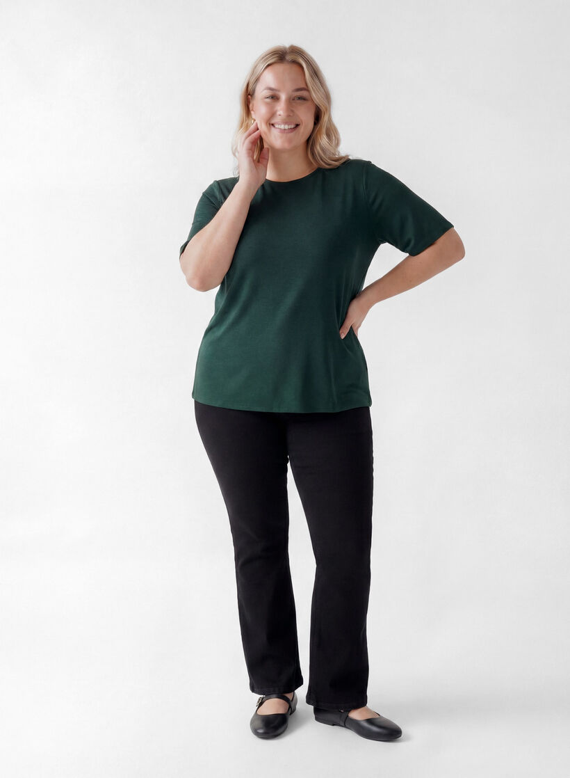 Short-sleeved woven blouse with round neck, Green, Model image number 1