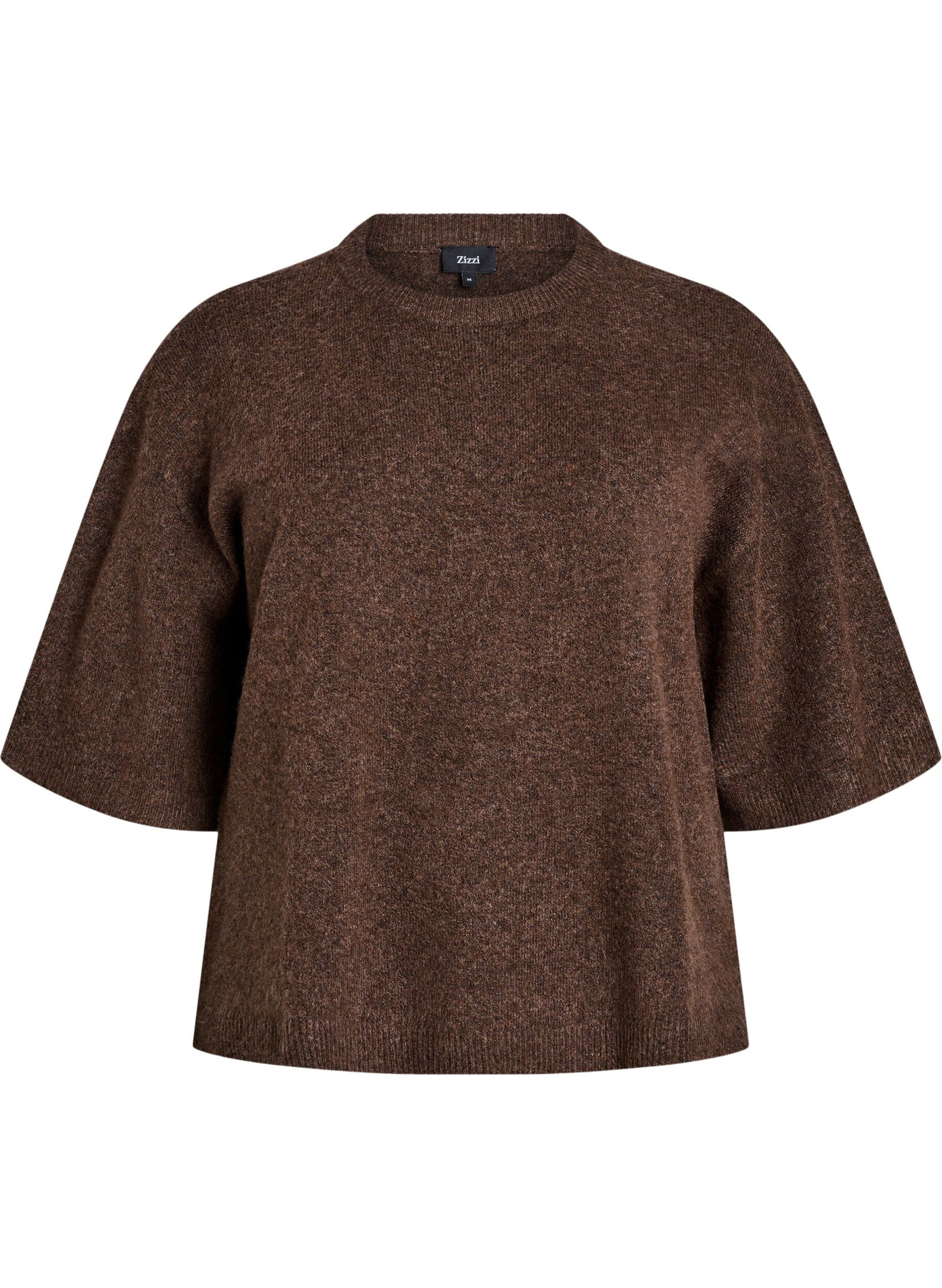 Zizzifashion Loose knitted blouse with short sleeves, Brown, Packshot image number 0
