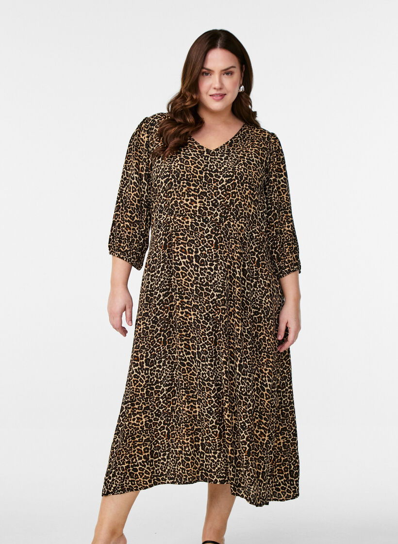 Midi dress with leopard print and 3/4 sleeves, Brown, Model image number 0