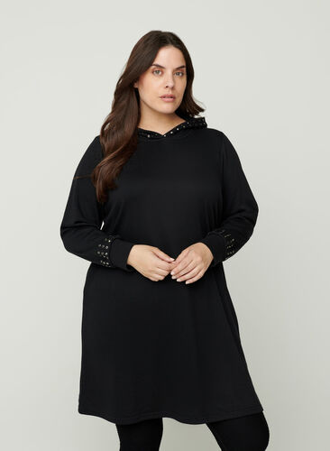 Long sweater dress with studs, Black, Model image number 0