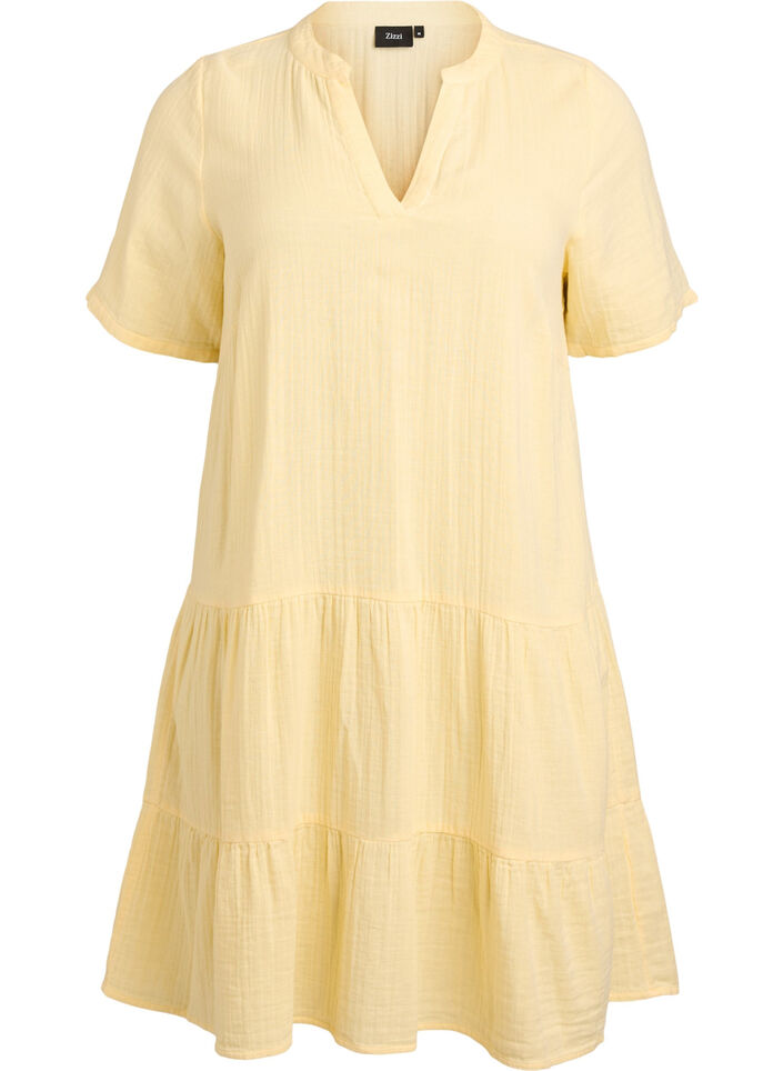 Short A-line dress in cotton muslin, Yellow, Packshot image number 0