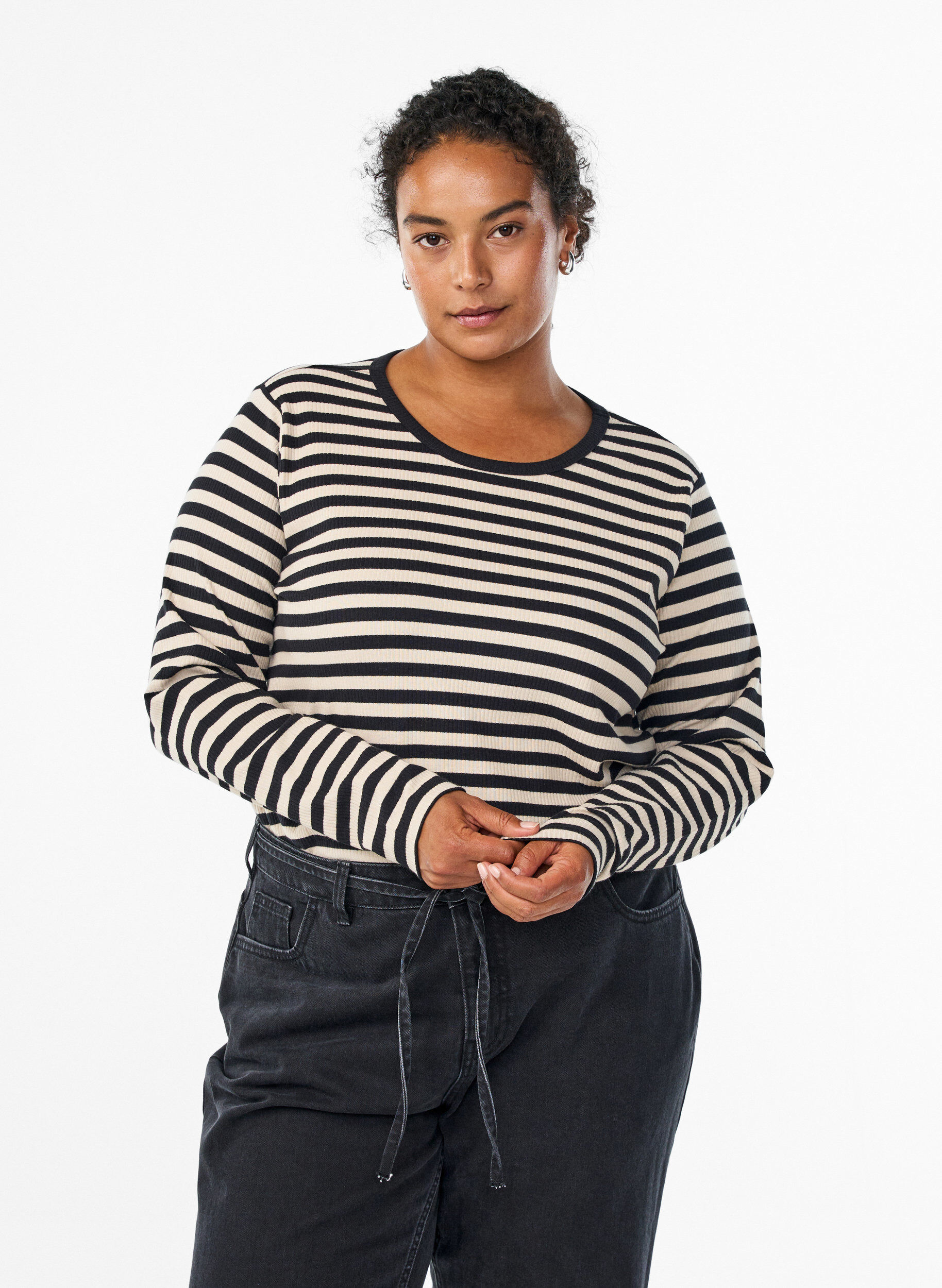 Striped blouse with long sleeves, Black, Model