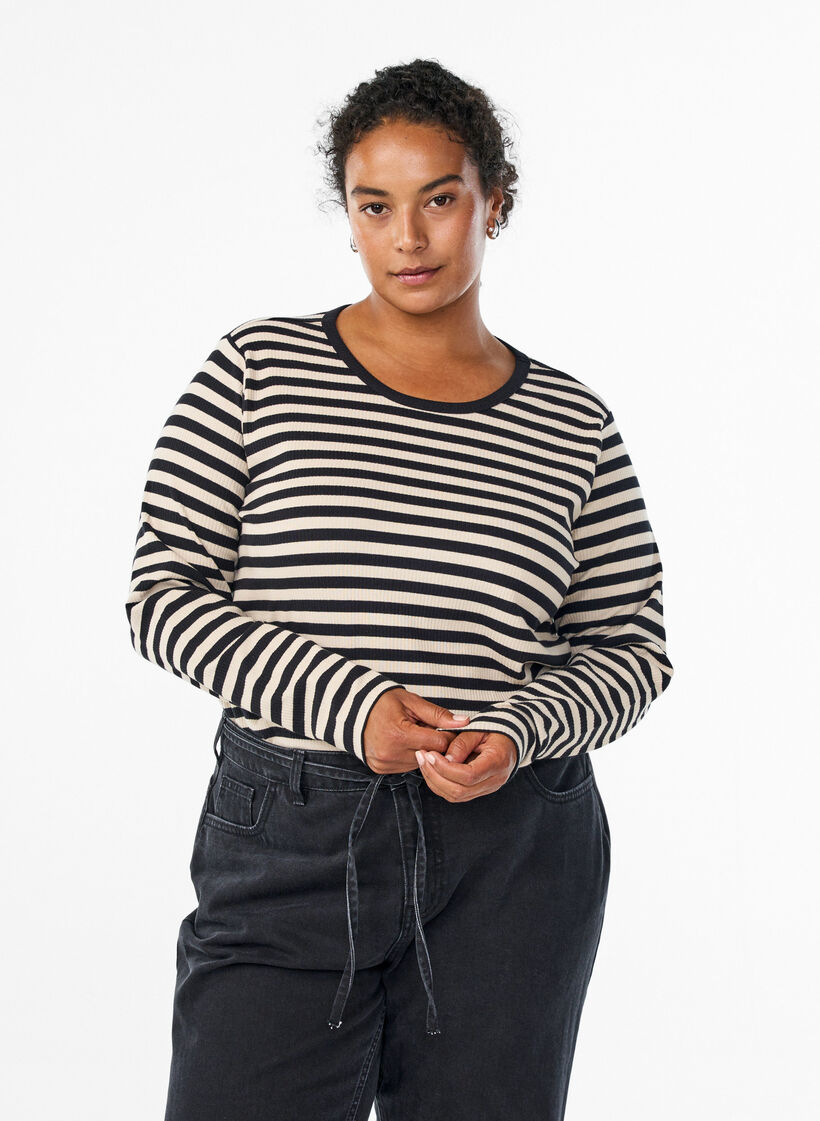 Striped blouse with long sleeves, Black, Model image number 0