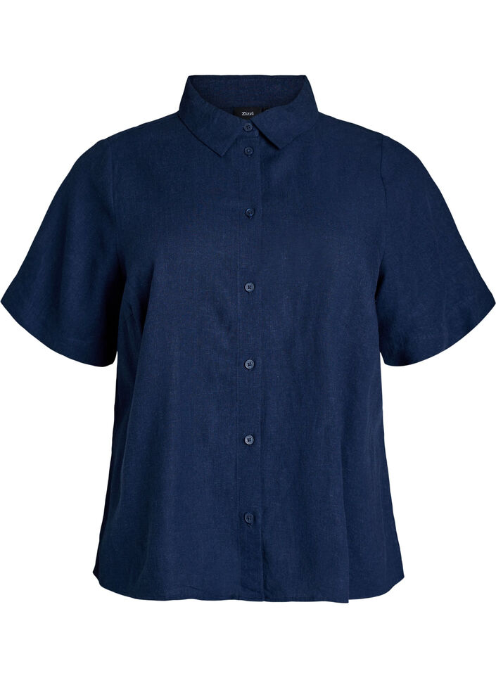 Short-sleeved shirt in linen and viscose, Blue, Packshot image number 0
