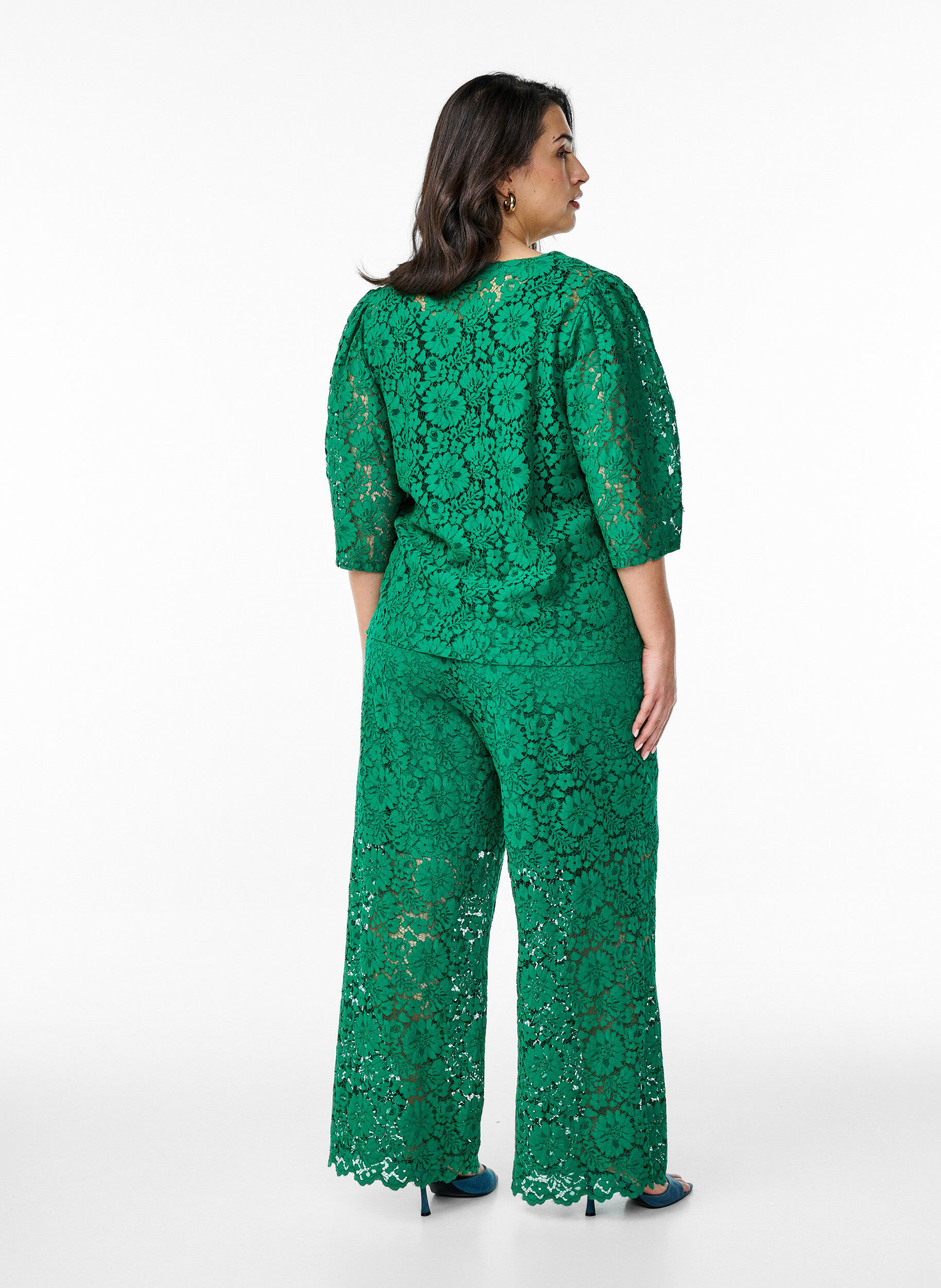 Zizzifashion Lace trousers with a high waist and pockets, Green, Model image number 1