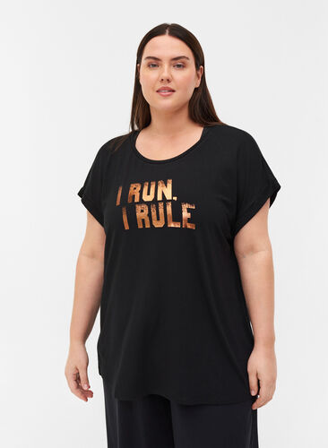 Exercise T-shirt in a viscose blend with print, Black I Run, Model image number 0