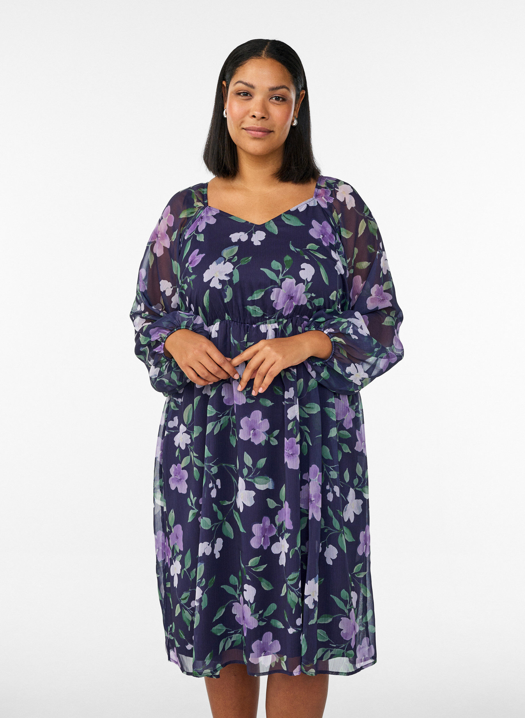 Zizzifashion Chiffon party dress with long sleeves, Blue, Model image number 0