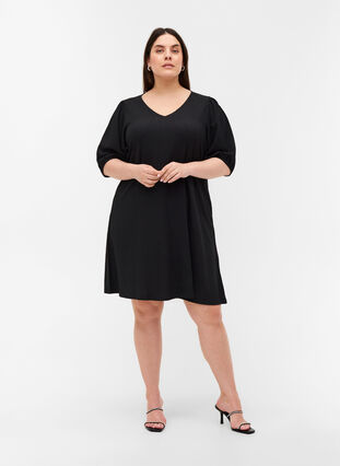 Dress with puff sleeves and V-neck, Black, Model image number 2
