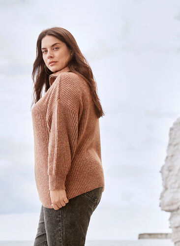 Marled knitted blouse with a zip and wool, Russet Mel, Image image number 1