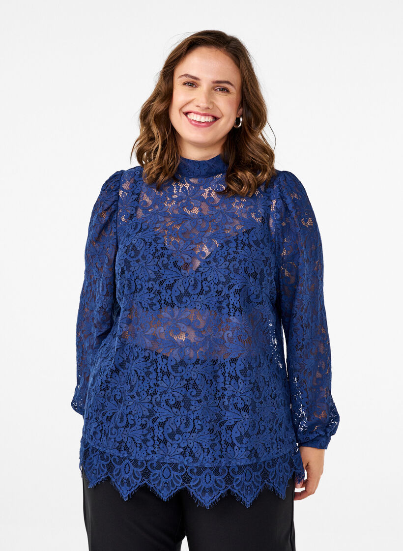 Lace blouse with bow detail, Estate Blue, Model image number 0