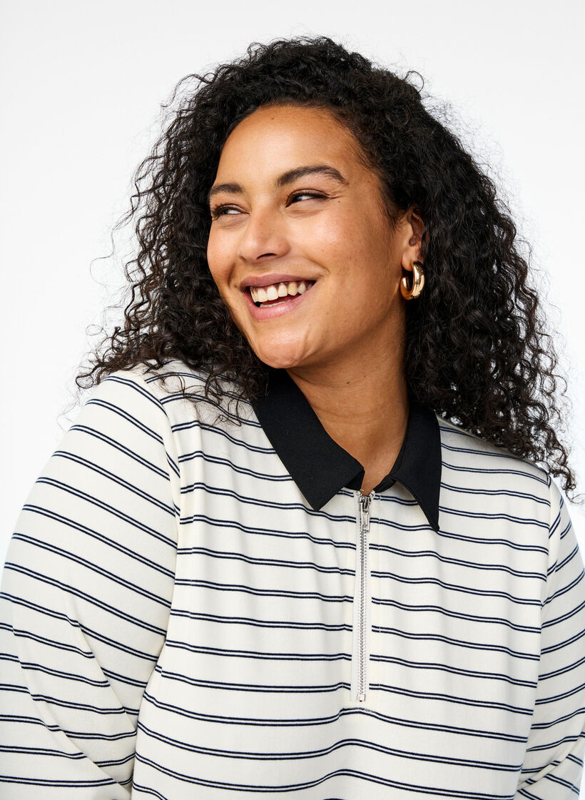 Striped polo shirt with zipper, White, Model image number 3