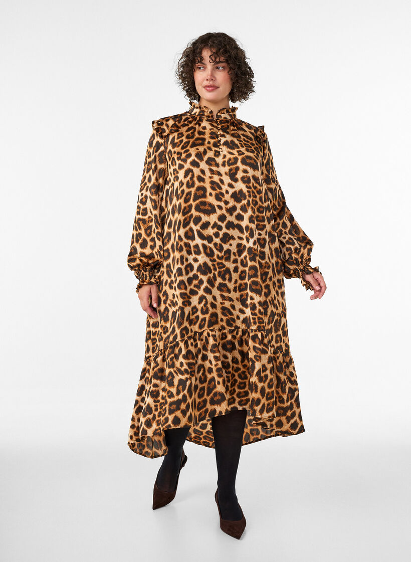 Dress with leopard print and ruffle details, Brown, Model